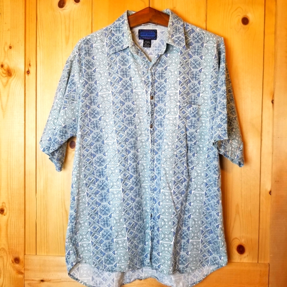 Vintage Shah Safari Geometric Shape Cotton Short Sleeve Button-Up Hawaiian Shirt